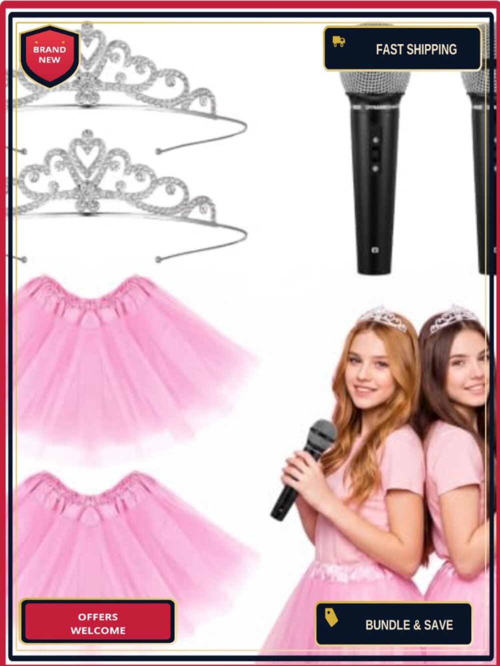 6 Pc Halloween Sister Singer Duo Costume Set Adult Tutu Crown Microphone